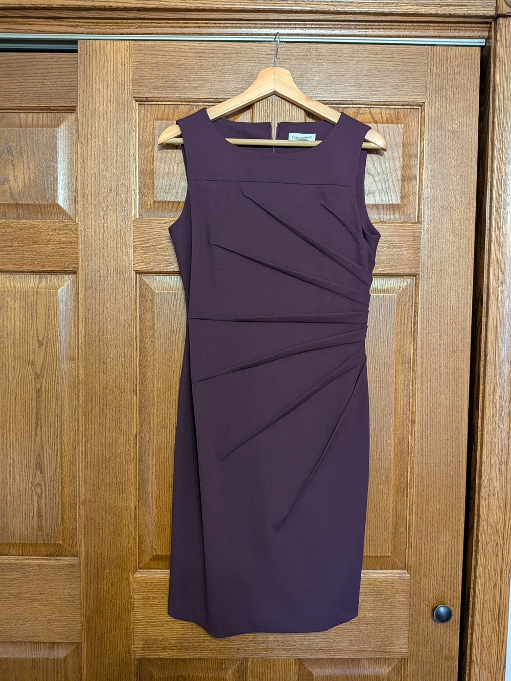 Calvin Klein Asymmetrical Pleat Sheath Dress in Plum